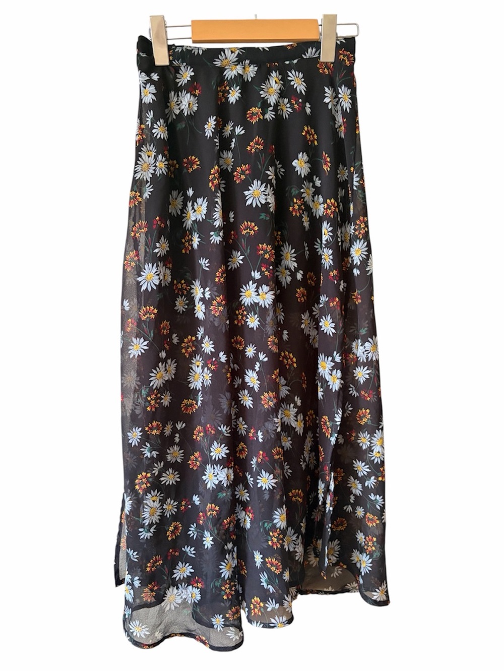 Mimmer Y2K Black Floral Midi Skirt Sheer Overlay Elastic Waist Boho Cottagecore